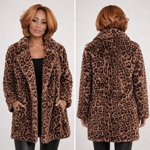 Love Tree Leopard Faux Fur Jacket Medium Open Front Plush Statement Coat NWT